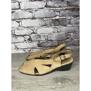 ARCHE Tan Brown Nubuck Leather Suede Peep Toe Slingback Wedge Women 42EU/11M US
